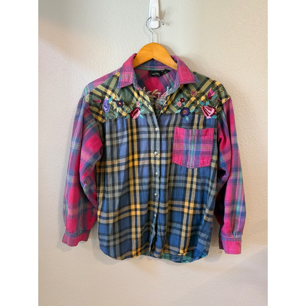Lemon Grass‎ Button Down Shirt Women Sm Patchwork Floral Embroidered Flannel VTG